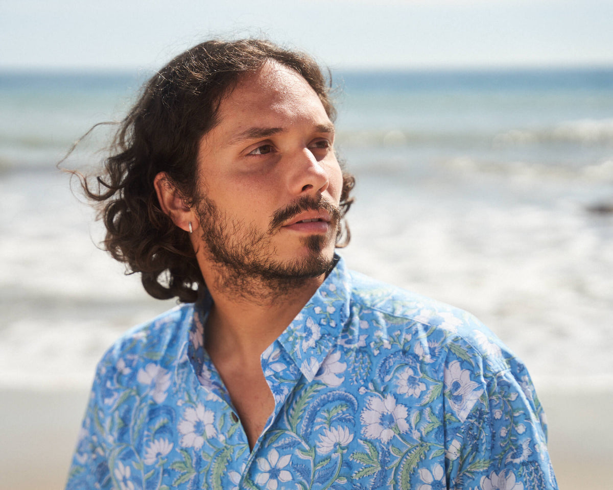 Blue Floral Short Sleeve Button Down