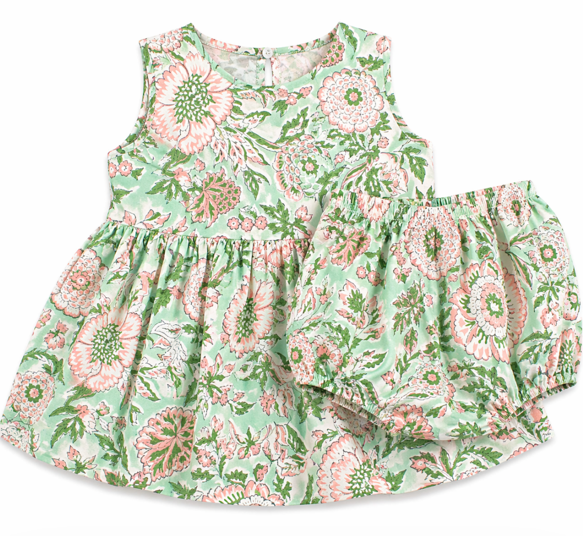 Floral Green Dress & Bloomer Set